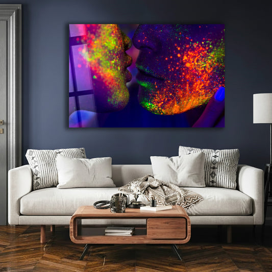 Abstract Neon Couple Kiss Glass Wall Art