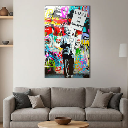 Einstein Love Is the Answer Banksy Style Glass Wall Art
