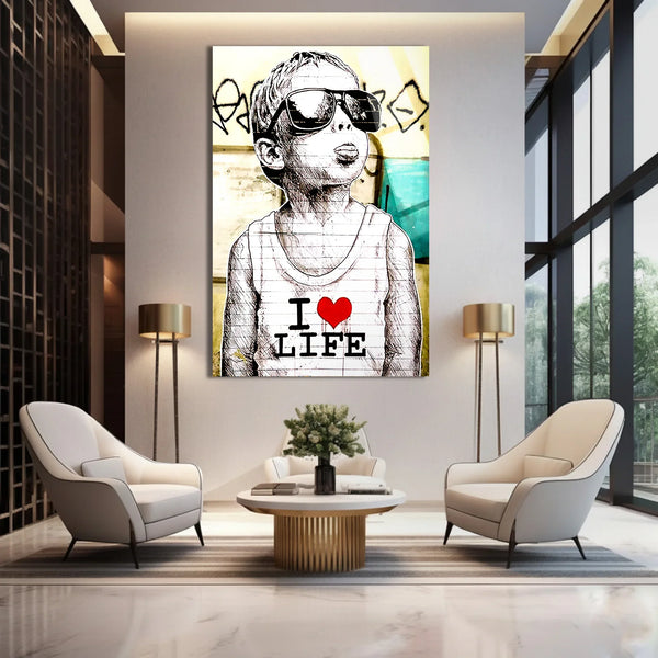 I love life Banksy inspired Glass Wall Art.