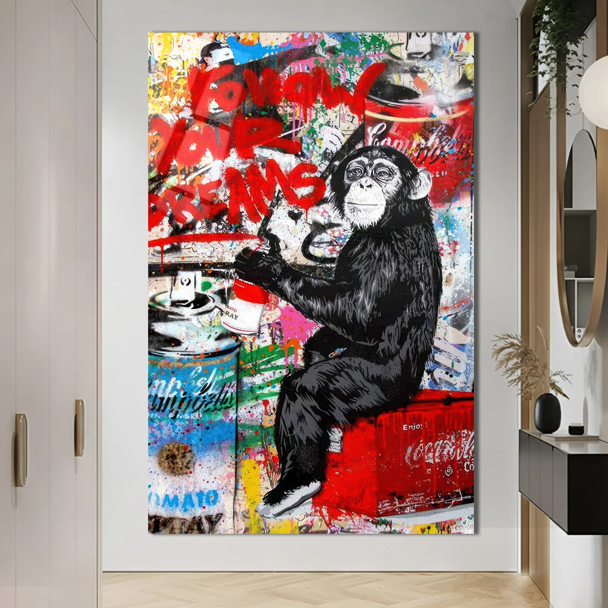 Banksy Inspired Chimp Graffiti Glass Poster for Wall | Minteefy
