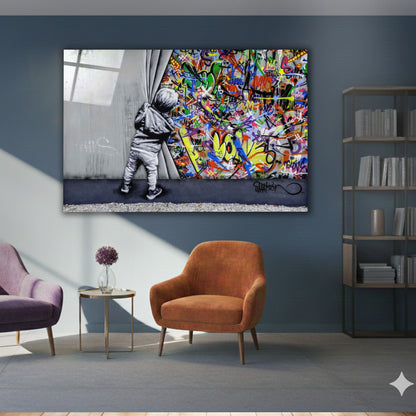 Banksy-Style Child Pulling Curtain Urban Glass Art