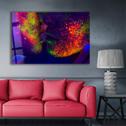 Abstract Neon Couple Kiss Glass Wall Art