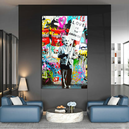 Einstein Love Is the Answer Banksy Style Glass Wall Art