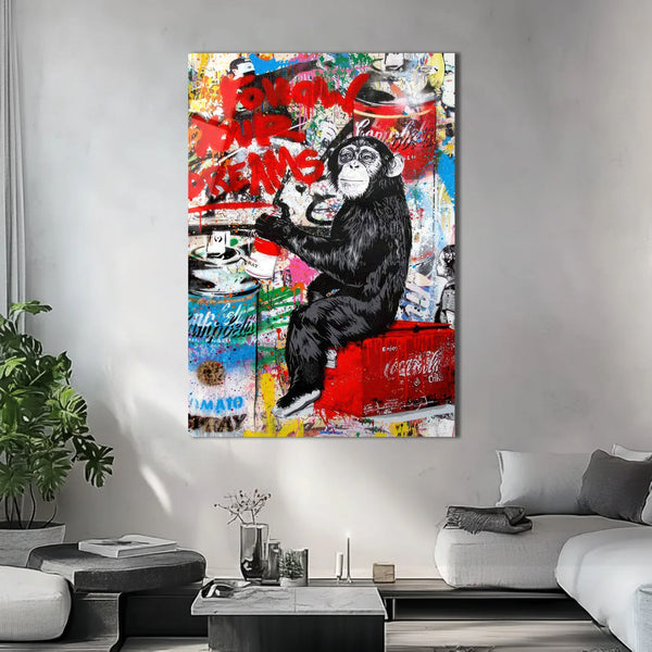 Banksy Inspired Chimp Graffiti Glass Poster for Wall.