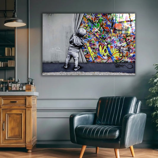 Banksy-Style Child Pulling Curtain Urban Glass Art