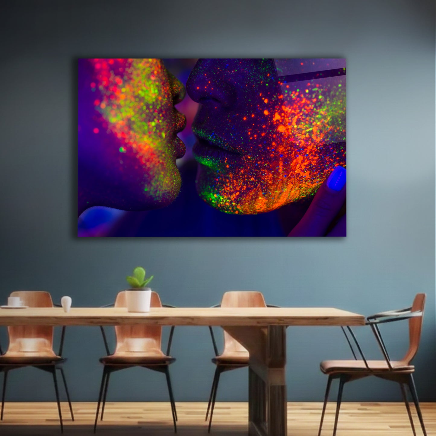 Abstract Neon Couple Kiss Glass Wall Art