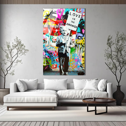 Einstein Love Is the Answer Banksy Style Glass Wall Art